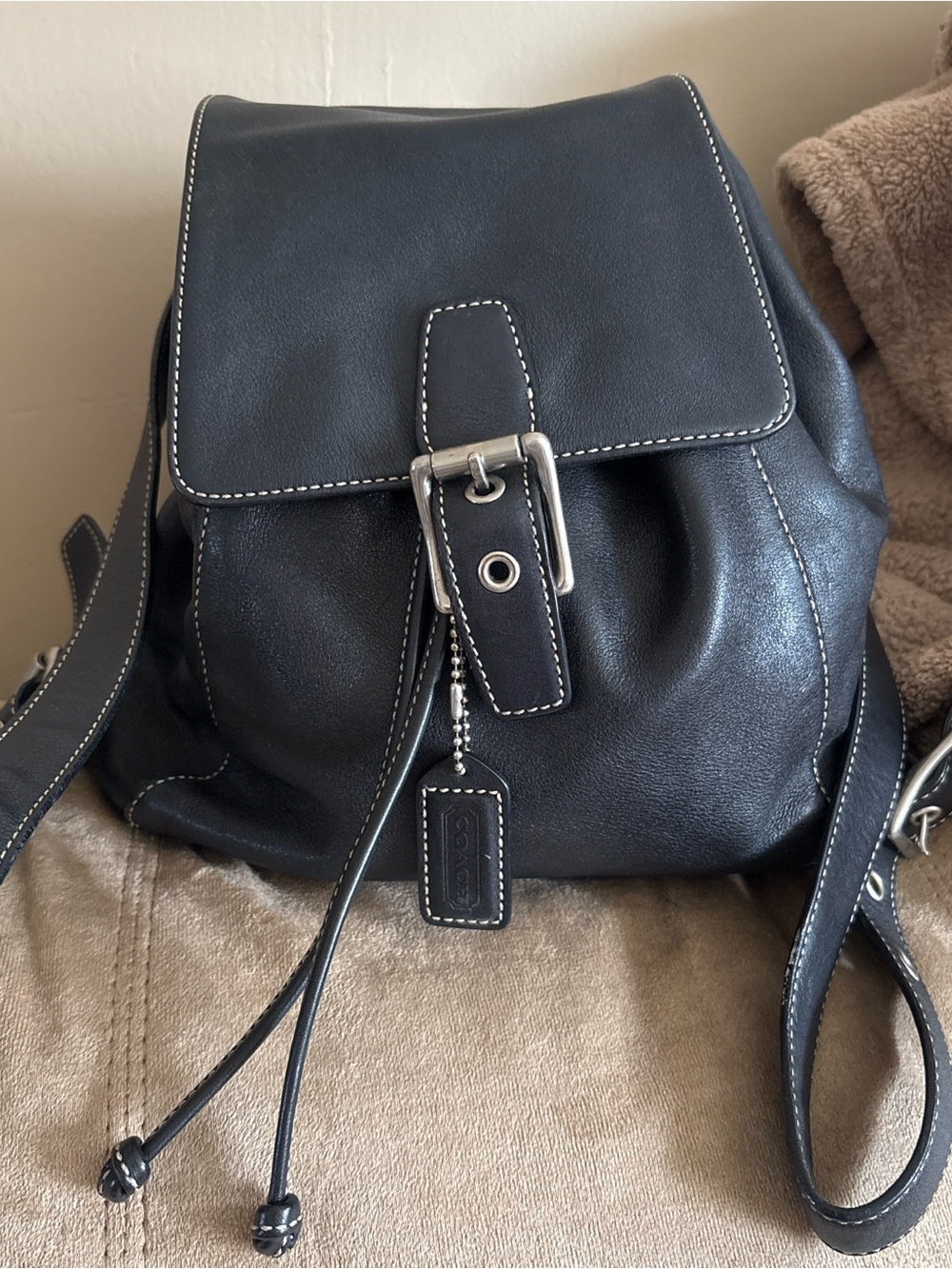 Coach Black Leather Drawstring Buckle Backpack with White Stitching